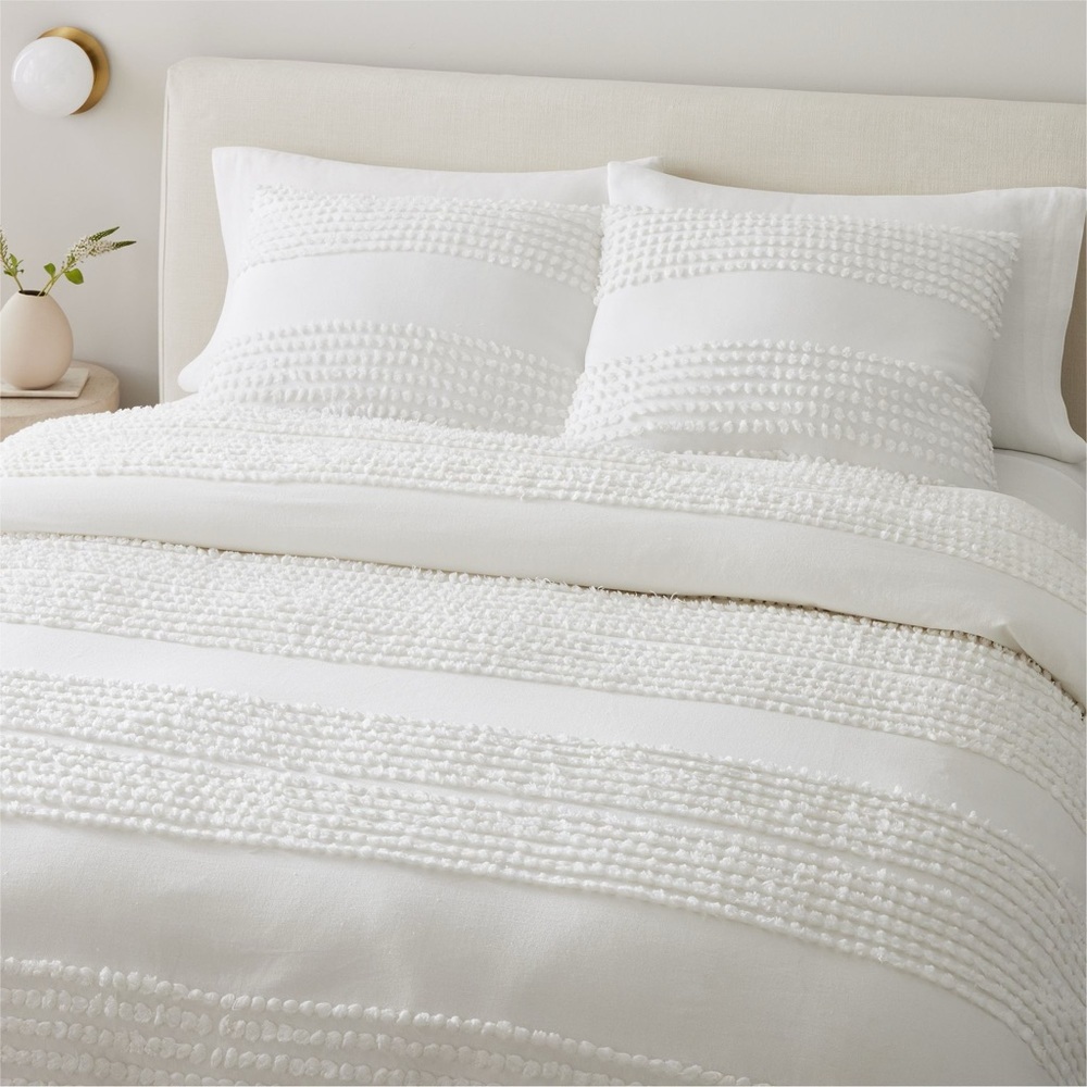 West Elm king size, white duvet, and shams